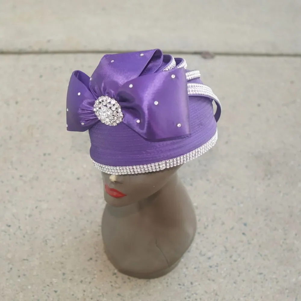 Purple Ribbon Straw Church Hat Rhinestone Bow Vintage Style Pillbox Cloche 7.5”